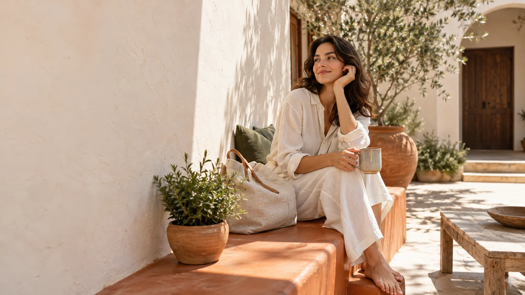 JOVU brand concept: relaxed clothing and everyday objects in a sunlit courtyard